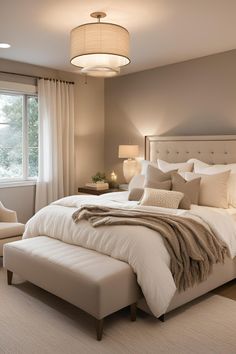 a large white bed sitting in a bedroom next to a window