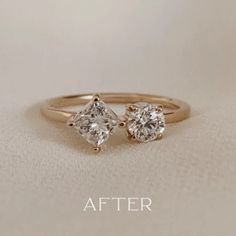 two diamond engagement rings sitting on top of a white cloth with the words, after