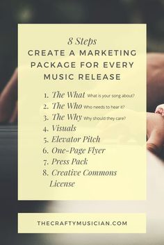 a woman's hand with the words 8 steps to create a marketing package for every music release