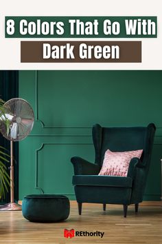 a green chair with pink pillows and a fan in front of it that says 8 colors that go with dark green