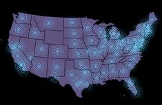 a map of the united states with blue circles