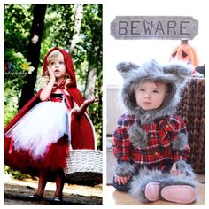 two pictures of children dressed up as little red riding hoods and wolf costume, one in