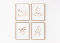 four framed drawings of ballet shoes and tutu skirts on a white wall in three different frames