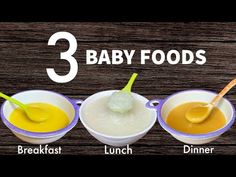 three baby foods are shown in bowls with spoons and one bowl is filled with liquid