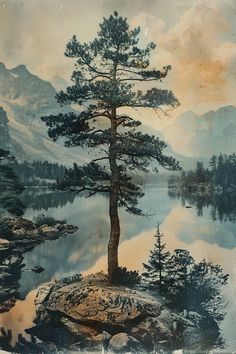 a painting of a lone tree on a rock in the middle of a lake surrounded by mountains