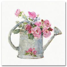 a painting of pink flowers in a watering can