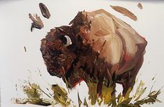 a painting of a bison in the grass