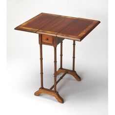 a small wooden table with two drawers on one side and an open drawer on the other