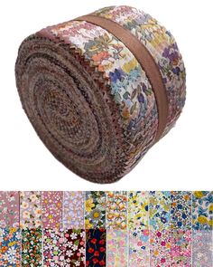 a roll of multicolored fabric with flowers on the side and four different colors