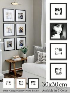 a living room with pictures on the wall and photos hanging on the wall above it