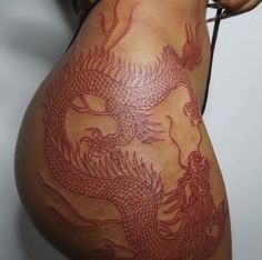 Red Snake Tattoo Thigh, Side Thigh Tattoos Dragon, Dragon Thigh Tattoo Black Women, Punk Tactics, Twin Tattoos