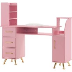 a pink desk with gold legs and drawers