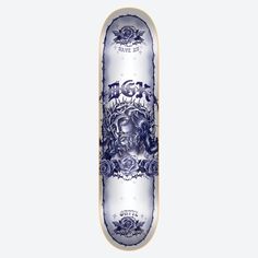 the skateboard is decorated with blue roses