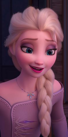 an animated frozen princess with long blonde hair and blue eyes