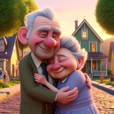 an older couple hugging each other in front of a street with houses and trees on both sides