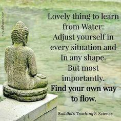 a buddha statue sitting on top of a cement block next to water with the words lovely thing to learn from water adjust yourself in every situation and