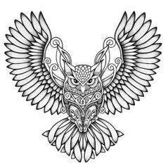 an owl with ornate wings on it's back, in black and white ink