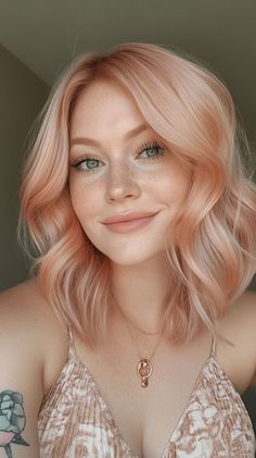 20 Best Hair Color Ideas for November 2024 Hair Pop Of Color Ideas, Pastel Rose Gold Hair, Shoulder Length Pink Hair, Soft Pink Hair, Apricot Hair, Fall Haircut, Rose Gold Blonde, Best Hair Color Ideas, Pale Skin Hair Color