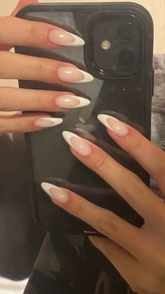 Long Ballerina French Tip Nails, Deep Almond French Tips, Gelx Inspo Nails Almond, Deep French Almond Nails, Milky French Manicure Almond Nails, White Winter Nails Almond, Pointy French Tip Nails, Long Simple Acrylic Nails, Simple Acrylic Nails Almond