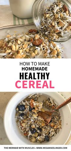 a bowl filled with granola next to a jar of milk