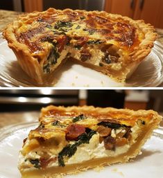 two different views of a quiche on a plate