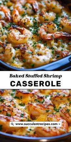 baked stuffed shrimp casserole with parsley on top and in a blue dish