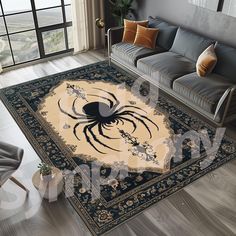 a living room area rug with a spider on it