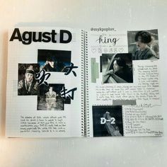 an open book with pictures and words on it, including the title august d in black ink