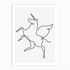 a black and white drawing of a unicorn on a white background with the outline of an animal