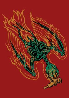 a drawing of a skeleton with flames on it's back and arms in the air