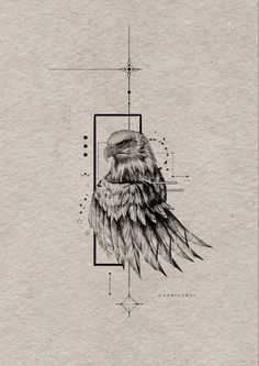 an eagle is shown on top of a piece of paper with geometric shapes and lines