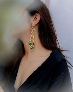 Very Designer Jadau Pachi kundan long Jhumki Earring | Design Gold Jhumka |  kundan earrings designBy FashionEmpireStudio Elevate your look with the timeless elegance of our Stunning Uncut Polki Kundan Earrings, a true masterpiece of handcrafted Indian jewelry. Inspired by the rich heritage of Indian craftsmanship, these earrings are meticulously crafted to perfection, making them the perfect accessory for weddings, festivals, and special occasions. Each uncut polki stone is carefully set in a delicate gold-plated frame, creating a mesmerizing display of color and sparkle. The intricate kundan work adds a touch of regal sophistication to any outfit, making these earrings a statement piece that is sure to turn heads wherever you go. Whether you're a bride looking for the perfect finishing t Kundan Cutdana Danglers For Eid, Eid Kundan Cutdana Danglers, Golden Jhumka, Kundan Jhumka, Gold Jhumka, Rings Ceremony, Traditional Indian Jewellery, Valentine Gifts For Girlfriend, Jhumki Earrings