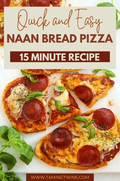 quick and easy nann bread pizza 15 minute recipe with pepperoni, cheese, basil, and mozzarella