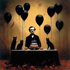 a man sitting at a table with cats and balloons in front of him that are black