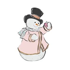 a snowman in a pink dress and hat is holding an object with one hand