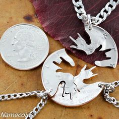 These "I love you hands" 3 piece interlocking necklaces, make a perfect gift for 3 best friends. The idea of being able to express equal affection into three with one gift is very special. Like all our pieces, this design is cut with a hand driven jeweler's saw. This is cut in a half dollar, which provides the perfect size when cut into thirds. Or, check out our 3 puzzle pieces best friends set. This will come with 3 strong and smooth 20 inch stainless steel chains. If you like our work, please 3 Bff, Love Hands, Three Family, 3 Best Friends, Family Jewelry, Mama Necklace, Lion Pendant, Best Friend Jewelry, Hand Necklace