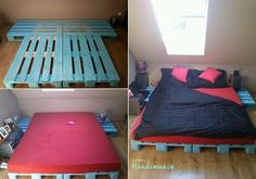 two pictures of a bed made out of pallets