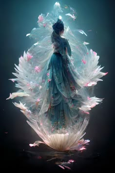 a woman in a blue dress with white feathers floating over her head and wings around her body