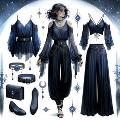 an illustration of a woman in black clothing and accessories on a white background with stars