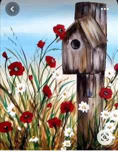 a painting of a birdhouse in the middle of some wildflowers and grass