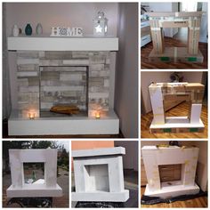 several pictures of different types of fireplaces made out of plywood and pallets