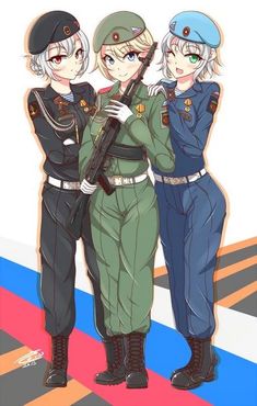 three female soldiers are standing next to each other