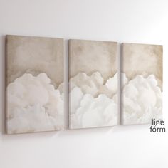 three paintings hanging on the wall in an empty room with white walls and clouds painted on them