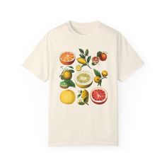 Vintage style comfort colors Citrus graphic t shirt. With different types of citrus printed on comfort colors t shirts. Retro fruit prints, Citrus lover, Fruit lover, Unique gifts  The fit -Slightly larger then Letter suggested  -Comfortable unisex fit -High quality print -Rip away Label -Pre shrunk  Order and shipping -Takes 1-5 business days to print and ship -Estimated shipping time vary but will arrive before the latest dates Materials 100% Ring-Spun US Cotton Types -Available in given color Retro Fruit, Fruit Shirt, Comfort Colors Tshirt, Retro Tee, Vintage Souvenir, Fruit Print, Citrus Fruit, Neat Style, Vintage Recipes