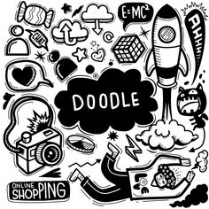 doodle black and white background with various items in the shape of a cloud, including a