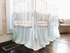 Seaglass | Farmhouse Crib Bedding Set Farmhouse Crib, Crib Sets For Boys, Farmhouse Cribs, Pastel Nursery Decor, Farmhouse Nursery Decor, Blue Crib, Crib Liners, Crib Bumpers, Baby Crib Bumpers