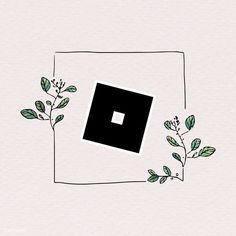 the square is surrounded by green leaves and branches on a white background with a black rectangle in the center