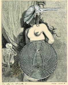 an old drawing of a woman with a bird on her head holding a large circular object