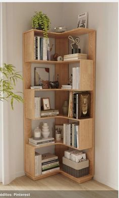 a corner book shelf with books and plants on it in the corner of a room