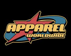 the logo for apparel world wide with an orange star on it's side